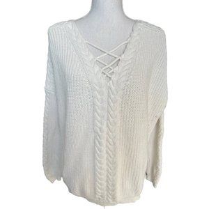One hart white lace up cable knit sweater